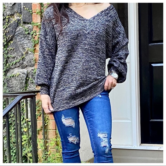 Peppered V balloon sleeves knit V sweater - Picture 7 of 9